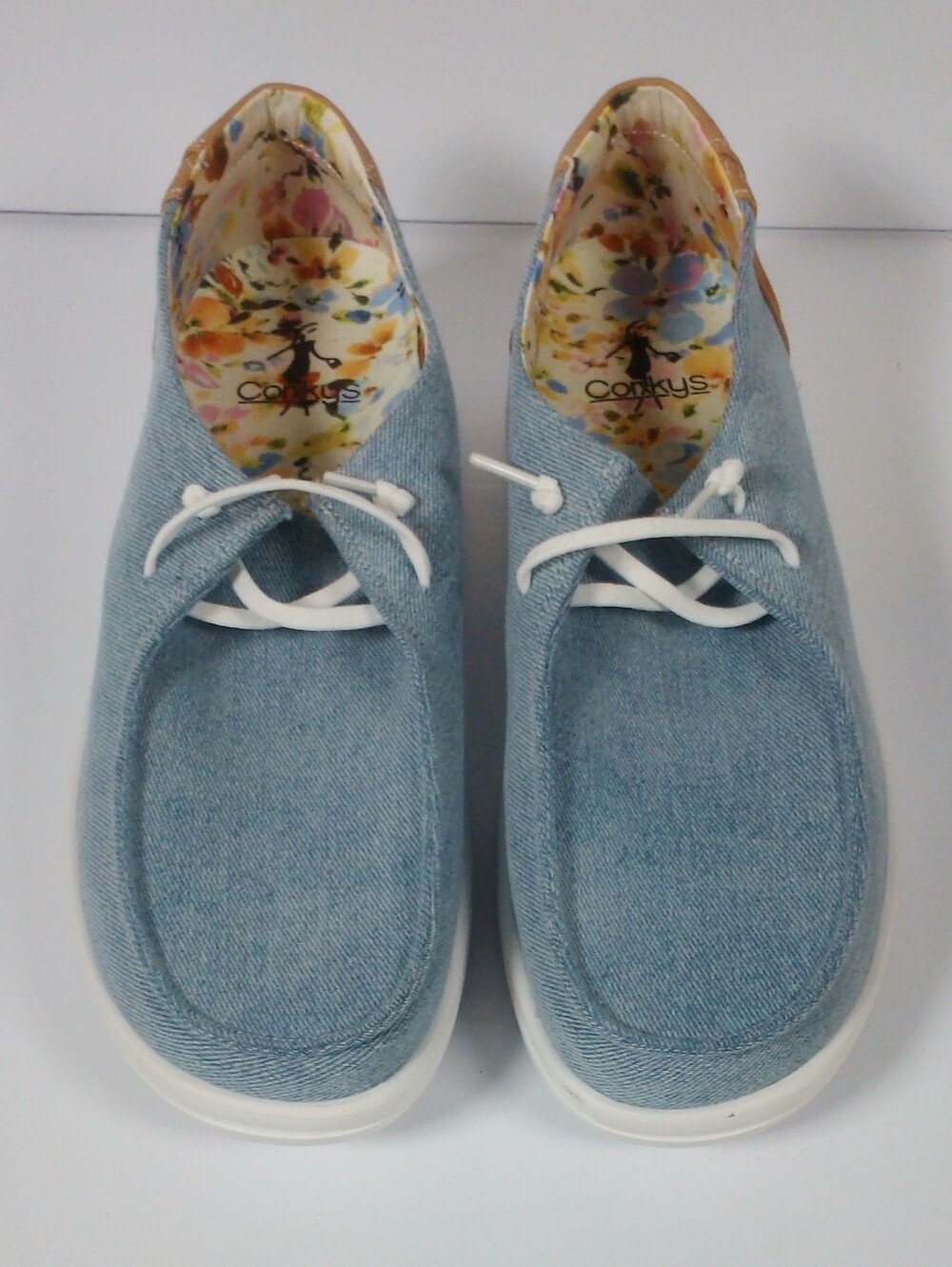 Corkys Kayak 2 Womens 9 Blue Denim Slip On Comfort Sneakers Floral Lining Casual